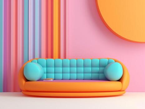 Pastel multi-color vibrant groovy retro striped background wall frame with bright sofa interior home design generative ai photo