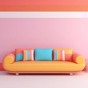 Pastel multi-color vibrant groovy retro striped background wall frame with bright sofa interior home design generative ai photo
