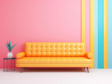 Pastel multi-color vibrant groovy retro striped background wall frame with bright sofa interior home design generative ai photo