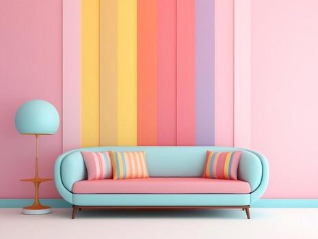 Pastel multi-color vibrant groovy retro striped background wall frame with bright sofa interior home design generative ai photo