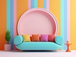 Pastel multi-color vibrant groovy retro striped background wall frame with bright sofa interior home design generative ai photo