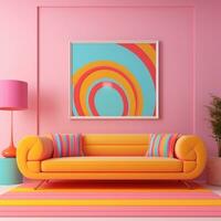Pastel multi-color vibrant groovy retro striped background wall frame with bright sofa interior home design generative ai photo