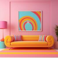 Pastel multi-color vibrant groovy retro striped background wall frame with bright sofa interior home design generative ai photo