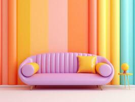 Pastel multi-color vibrant groovy retro striped background wall frame with bright sofa interior home design generative ai photo