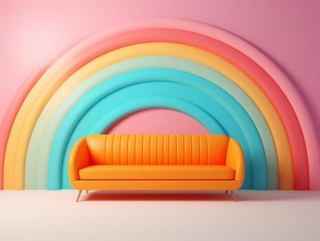 Pastel multi-color vibrant groovy retro striped background wall frame with bright sofa interior home design generative ai photo