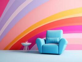 Pastel multi-color vibrant groovy retro striped background wall frame with bright armchair interior home design generative ai photo