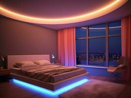 3D modern bedroom with multicolored led strip lights generative ai photo