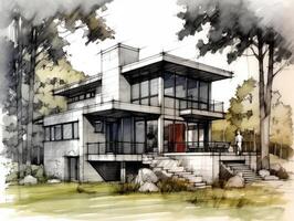 Modern house sketch illustration generative ai photo