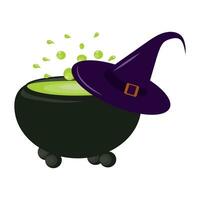 Halloween magic cauldron with green potion with boiling magic brew and witches pointed hat. Vector illustration isolated on white background.