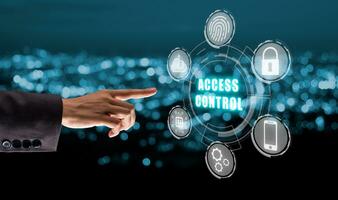 Business, Technology, Internet and network concept, Business person hand holding VR screen access control icon with blue bokeh background. photo