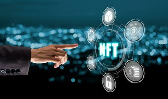 NFT token digital crypto art blockchain technology concept, Person hand touch virtual screen NFT icon background. photo