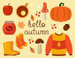 Hello Autumn Set Of Isolated Objects. Vector Illustration In Flat Style