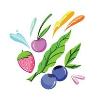 Abstract blueberry, strawberry, and a single cherry and green leaves with pop and fun colors vector illustration isolated on square. Simple flat colored cartoon art styled drawing.