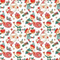 Christmas characters, Santa, Elves, reindeer, gifts boxes and others christmas attribution. Seamless pattern. vector