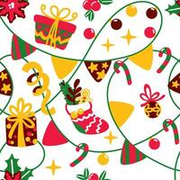 Christmas garland, gifts boxes and other christmas decoration.  Christmas print on white background. Seamless pattern. vector