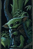 Illustration of a cute little green Yoda Star Wars alien character in the forest. Baby yoda vector illustration. photo