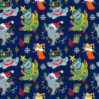 Funny bear and christmas decoration.  Christmas print on blue background.   Seamless pattern for fabric, wrapping, textile, wallpaper, apparel. Vector. vector