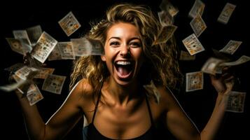 Winning the lottery happy face of woman on dark background with a place for text photo