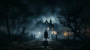 Walking through a haunted house dark background with a place for text photo