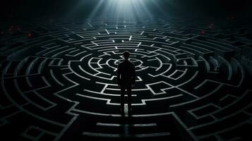 Being lost in a maze shocked face of a man dark background with a place for text photo