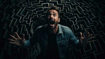 Being lost in a maze shocked screaming face of a man dark background with a place for text photo