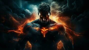 Being a superhero with special powers on dark background with a place for text photorealism photo