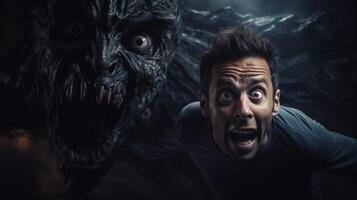 Being chased by a monster shocked face of a person dark background with a place for text photorealism photo