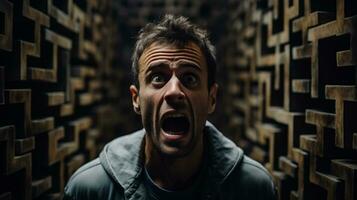 Being lost in a maze shocked screaming face of a man dark background with a place for text photo