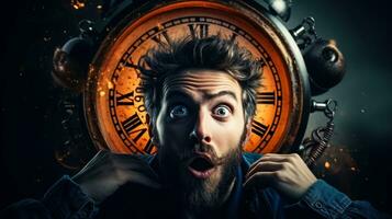 Shocked face of a person with watch to the past or future on dark background with a place for text photorealism photo