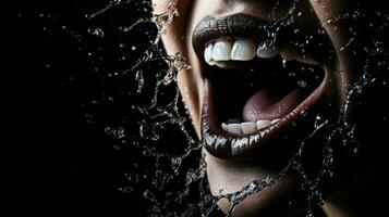 Teeth falling out screaming face of a woman on dark background with a place for text photo