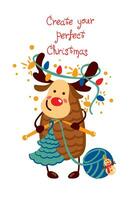 Cute elk knitting christmas decoration. Knitting and crochet. Christmas spirit. Greeting card. vector