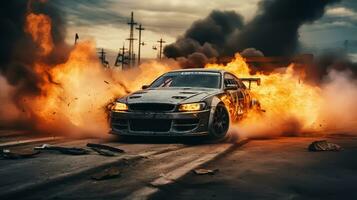 Burning sport car with fire flames on the background photo