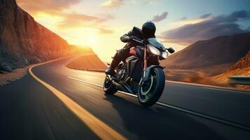 Motorcycle rider riding on the highway road. Extreme sport concept. bike race on track photo