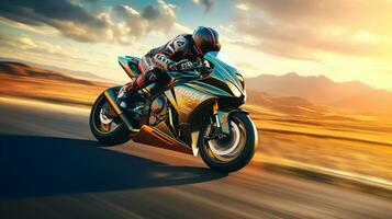 Motorcycle rider riding on the highway road. Extreme sport concept. bike race on track photo