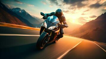 Motorcycle rider riding on the highway road. Extreme sport concept. bike race on track photo