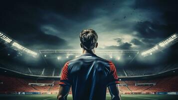 Rear view of soccer player standing against football stadium with lights and flares photo