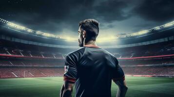 Rear view of soccer player standing against football stadium with lights and flares photo