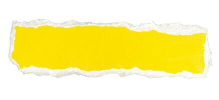 Ripped yellow paper note message isolated on white background photo