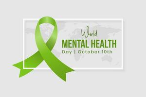 World Mental Health Day October 10th illustration with green ribbon and frame on world map background vector