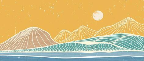 Ocean wave and mountain illustration art painting. Abstract contemporary aesthetic backgrounds landscapes. with sea, skyline, wave vector