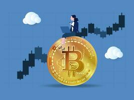 Bitcoin and cryptocurrency investing, crypto trading make profit from Bitcoin price, businesswoman investor using computer to trade crypto on big Bitcoin with candlestick price graph chart. vector