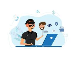 Criminal hacker holding friends mask for hacking on laptop screen stealing money ,cyber crime, theft of personal data, password, credit card flat vector illustration.