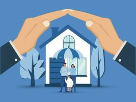 Home insurance property security concept. Car insurance agent money holding in hands of house, protection from harm, keep safe flat design illustration vector. vector