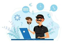 Online crime concept illustration, fraud social media. Rogue man and thief working at computer vector flat illustration isolated on white background.