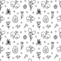 Vector Easter seamless pattern. Great spring Holiday background. Doodle outline illustration. Cute hand drawn elements