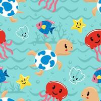 Seamless pattern vector of funny marine animals cartoon