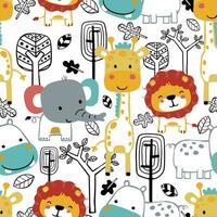 Seamless pattern vector of funny animals cartoon with trees and leaves