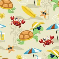 Seamless pattern vector of funny animals cartoon with beach holiday elements