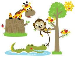 Group of funny animals cartoon in forest with smiling sun vector