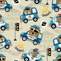 Seamless pattern vector of funny animals driving police car, traffic cop elements